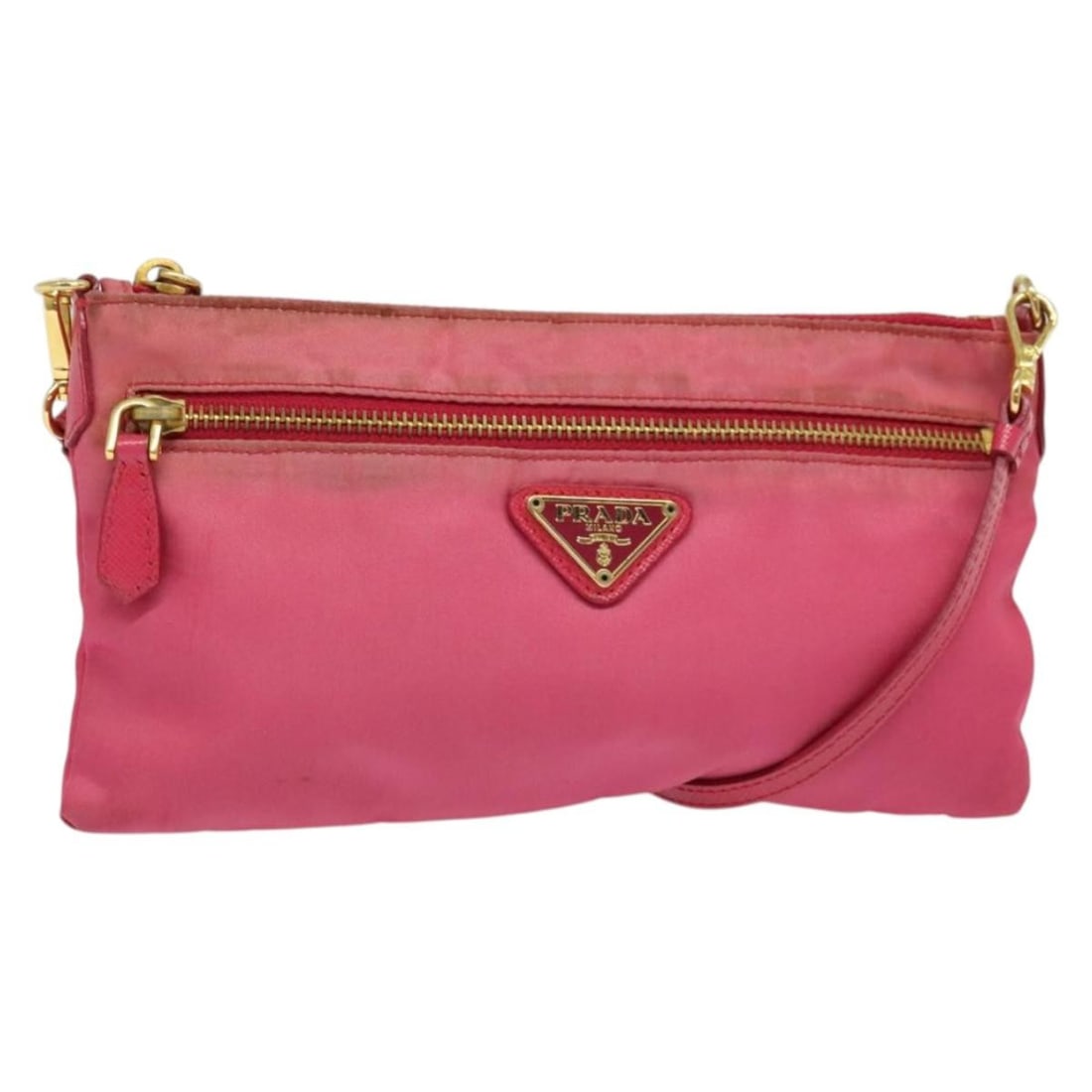 Prada pink gold nylon shoulder bag with guarantee card: Prada pink gold nylon shoulder bag with guarantee card This PRADA shoulder bag is crafted from pink and gold nylon and designed for women. Made in Italy, it features a compact silhouette with approxim
