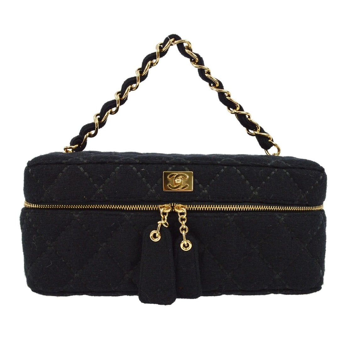 CHANEL Wild Stitch black wool quilted vanity bag: CHANEL Wild Stitch black wool quilted vanity bag This Chanel Black Wool Wild Stitch Vanity Handbag features a quilted pattern and top handle design. Crafted from wool with a black exterior, it include
