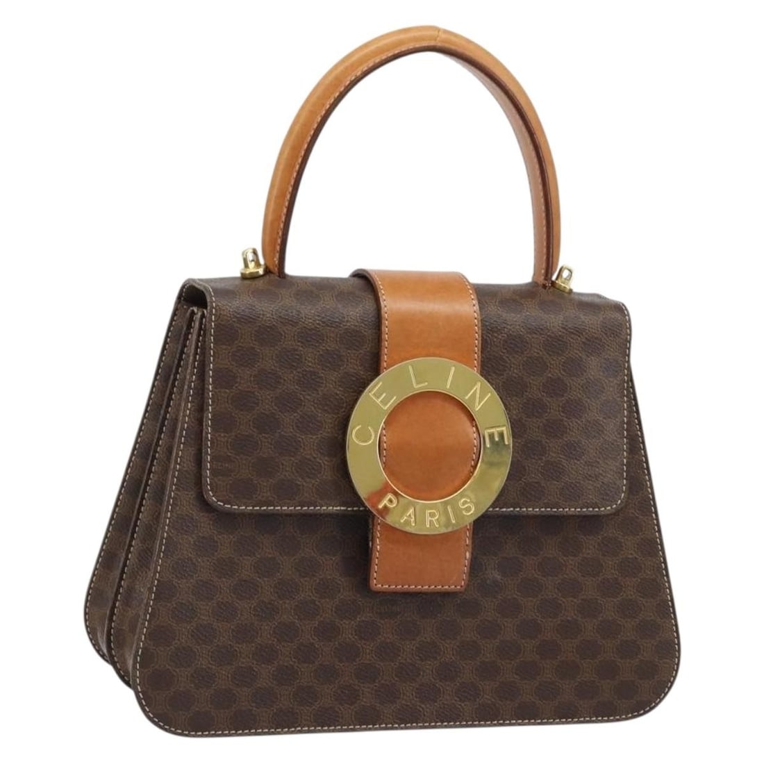 Celine Macadam Gold Brown PVC Leather Convertible Handbag from Italy: Celine Macadam Gold Brown PVC Leather Convertible Handbag from Italy This Celine Macadam Canvas handbag features a classic gold and brown PVC leather exterior with the signature Macadam canvas pattern