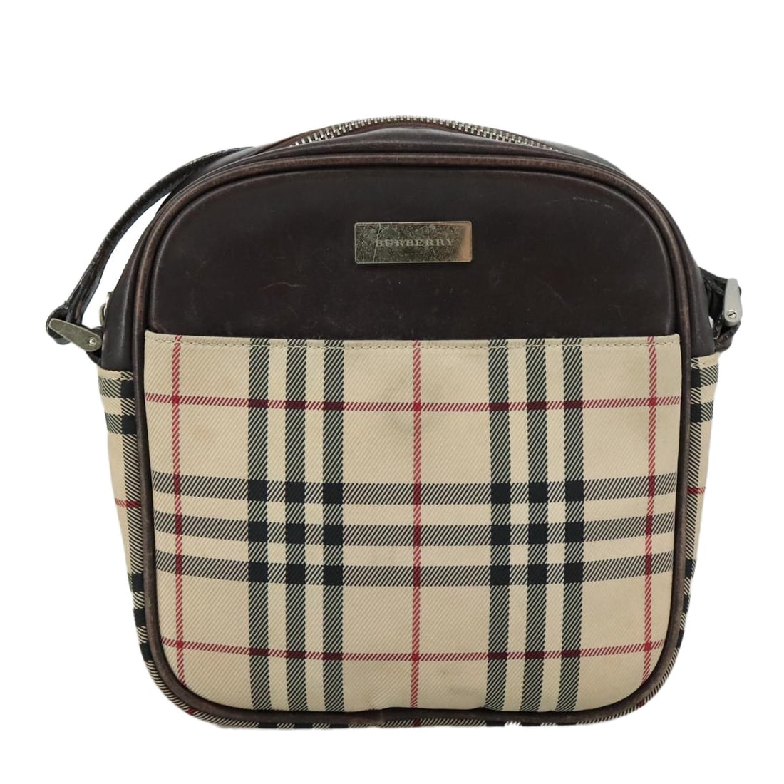 Nova check canvas and leather shoulder bag by Burberry: Nova check canvas and leather shoulder bag by Burberry This Burberry Nova Check shoulder bag is crafted from beige canvas with leather accents, designed for unisex use. The bag shows signs of wear inc