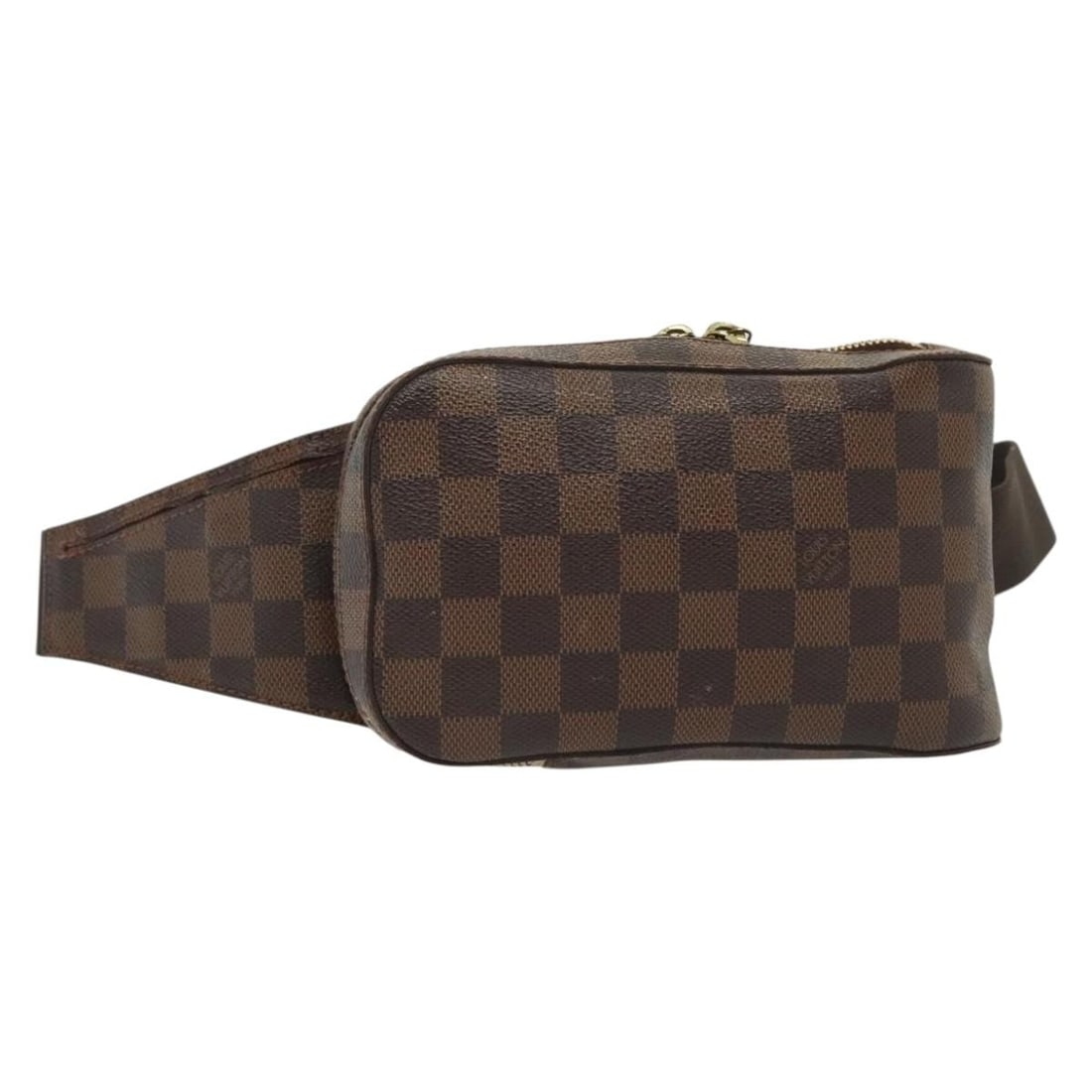 Geronimos Unisex Waist Bag in Brown Damier Canvas by Louis Vuitton: Geronimos Unisex Waist Bag in Brown Damier Canvas by Louis Vuitton This Louis Vuitton Geronimos Waist Bag is crafted from durable brown Damier canvas, designed for unisex use. The compact bag measures
