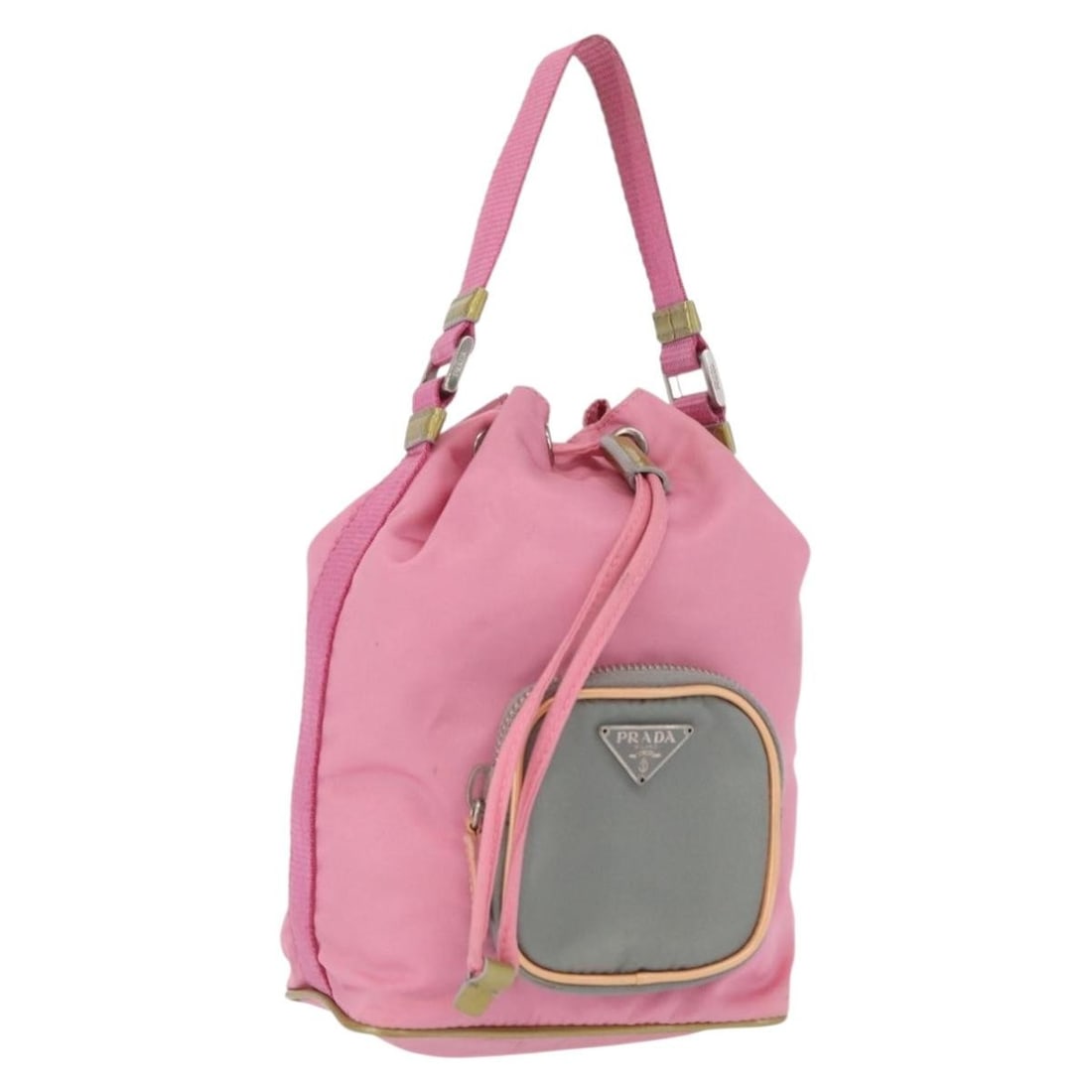 Pink and Gold Prada Nylon Handbag Made in Italy: Pink and Gold Prada Nylon Handbag Made in Italy This PRADA hand bag features a pink and gold nylon exterior, offering a stylish and functional accessory. Made in Italy, the bag includes a handle with 