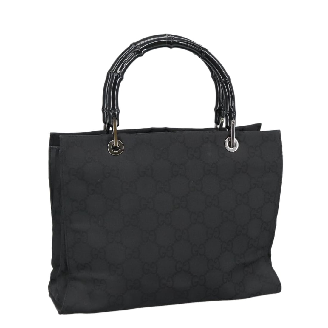 Gucci Bamboo GG Canvas Black Silver Nylon Handbag Italy 002 1016 2123: Gucci Bamboo GG Canvas Black Silver Nylon Handbag Italy 002 1016 2123 This GUCCI Bamboo GG Canvas hand bag features a black and silver nylon exterior with GG canvas detailing. Designed for women, it o
