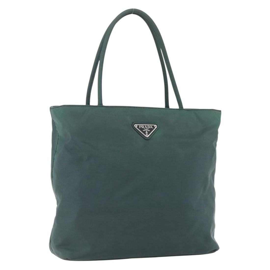 Prada Green Nylon Handbag Italy Silver Trim Women: Prada Green Nylon Handbag Italy Silver Trim Women This PRADA women's handbag is crafted from durable nylon in a striking green and silver color combination. Made in Italy, the bag features a structure