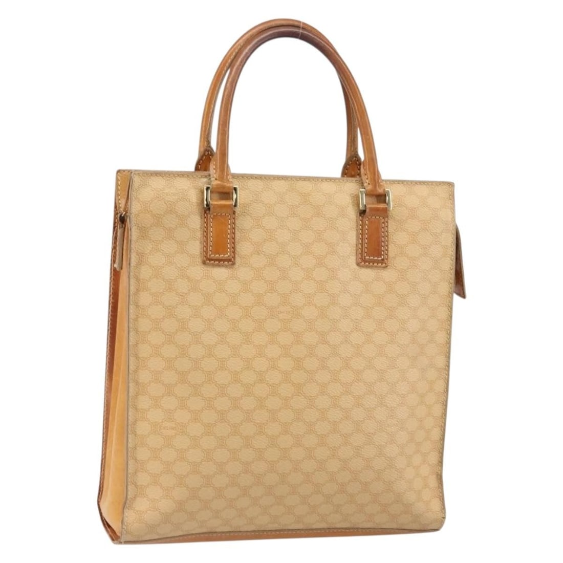 Celine Macadam Beige PVC Canvas Handbag with Gold Details: Celine Macadam Beige PVC Canvas Handbag with Gold Details This Celine Macadam canvas hand bag features a beige and gold PVC leather exterior with the iconic Macadam pattern. It offers a roomy interior