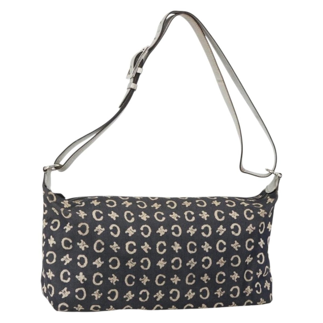 CELINE Navy Silver C Macadam Canvas Shoulder Bag Italy: CELINE Navy Silver C Macadam Canvas Shoulder Bag Italy This CELINE C Macadam Canvas shoulder bag features a navy and silver color scheme and is crafted in Italy. The bag shows notable signs of use, in