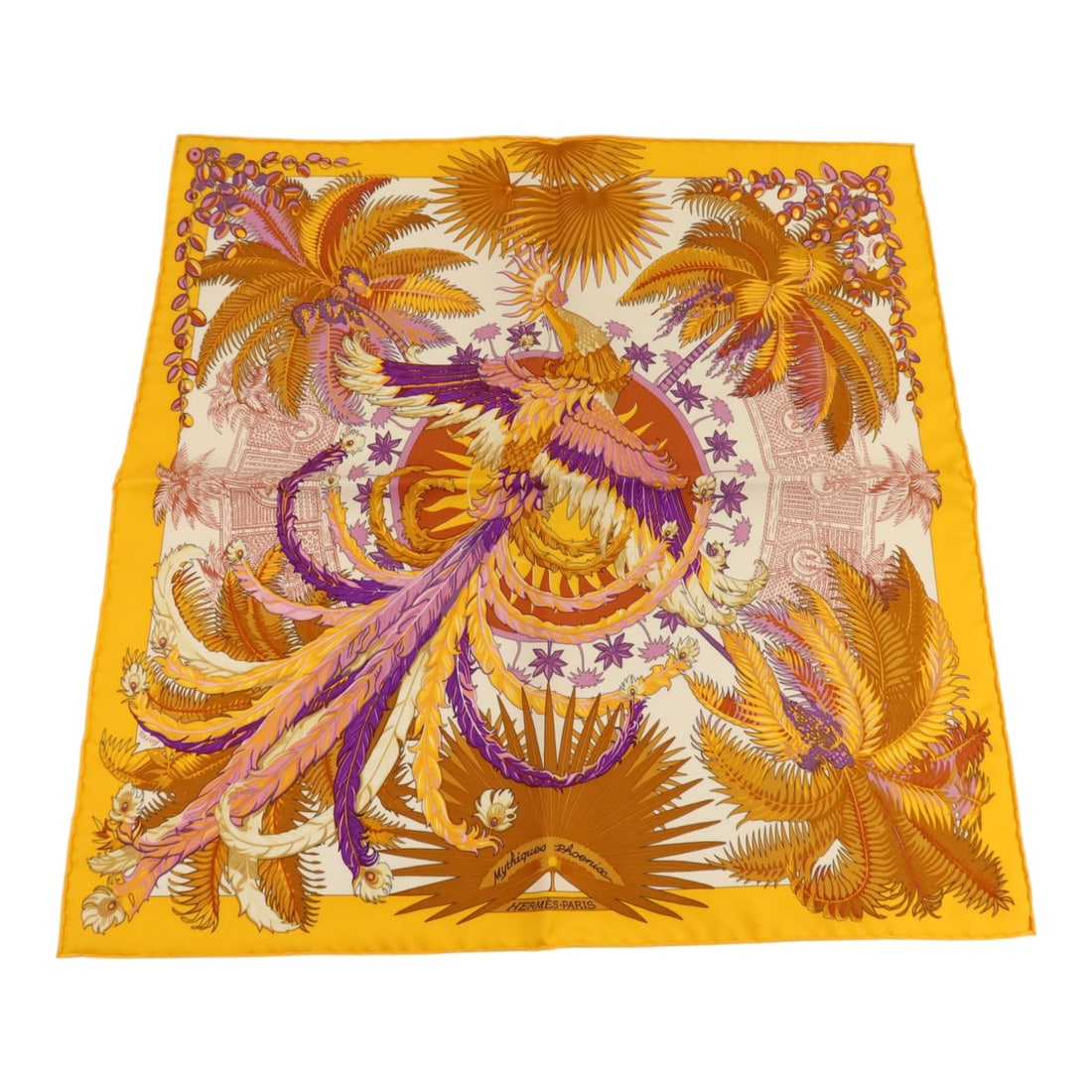 Hermes silk scarf 40x40cm yellow purple multicolor: Hermes silk scarf 40x40cm yellow purple multicolor This Hermes scarf features a vibrant yellow, purple, and multicolor design crafted from luxurious silk. Made in France, it offers a pristine conditio