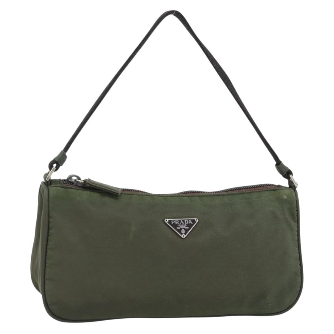 Prada green gold nylon accessory pouch Italy: Prada green gold nylon accessory pouch Italy This PRADA accessory pouch is crafted from green nylon with gold-tone accents. Designed for women, it features a compact shape with a zip closure and is ma