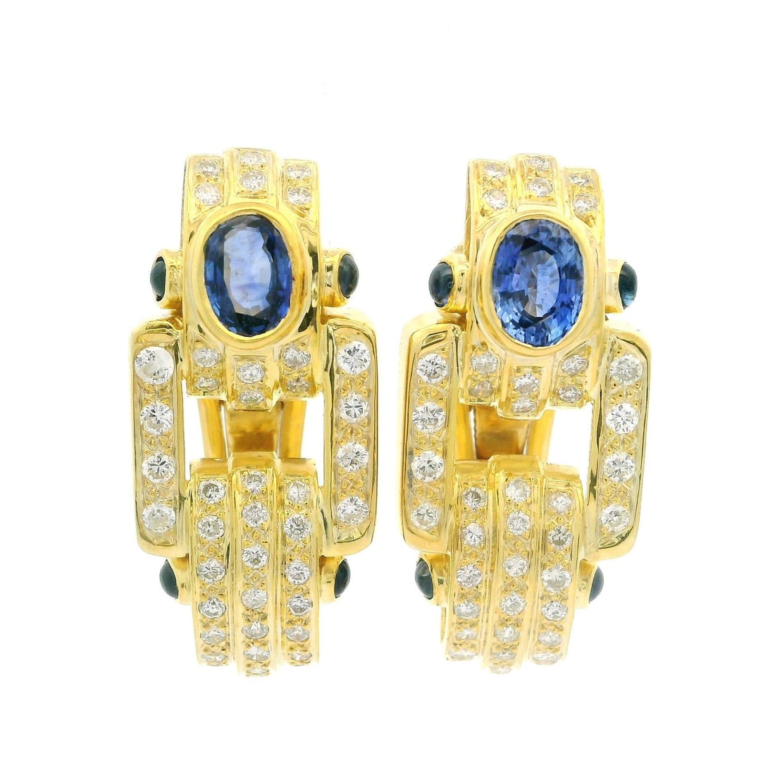 Omega 4.50ctw Yellow Gold Sapphire Diamond Earrings GIA Certified: Omega 4.50ctw Yellow Gold Sapphire Diamond Earrings GIA Certified Elevate your elegance with these stunning large omega earrings, featuring a captivating combination of natural sapphires and diamonds.