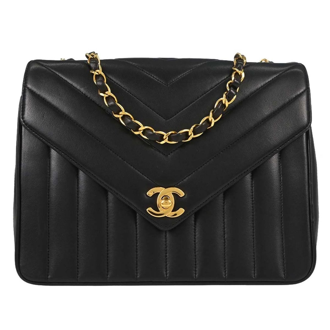 Chanel Matelasse Black Lambskin Turnlock Shoulder Bag: Chanel Matelasse Black Lambskin Turnlock Shoulder Bag This Chanel black lambskin shoulder bag features a chevron quilted pattern and a medium-sized silhouette. The bag is crafted from leather with a m