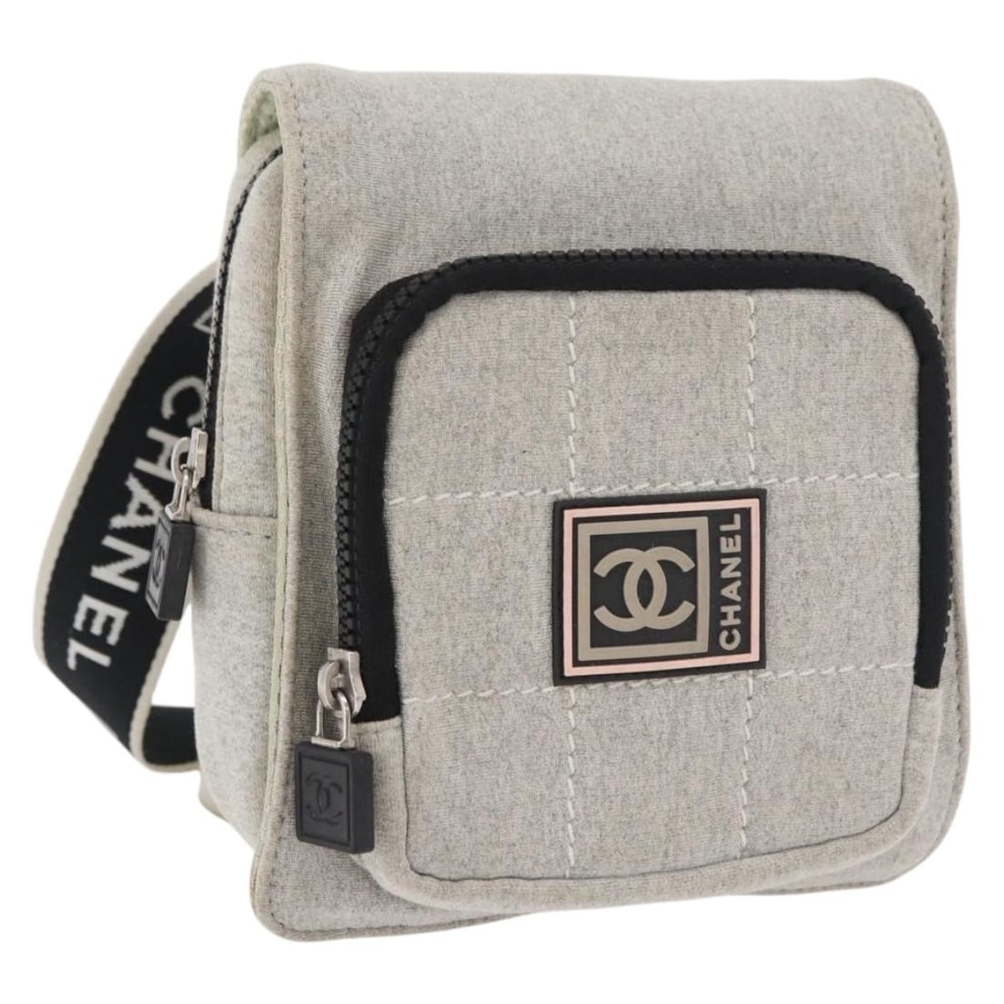 CHANEL Gray Cotton Sports Line Waist Pouch Auth Card: CHANEL Gray Cotton Sports Line Waist Pouch Auth Card This CHANEL Sports Line waist bag is crafted from cotton in a stylish gray and silver color combination. Designed for women, it features a compact 