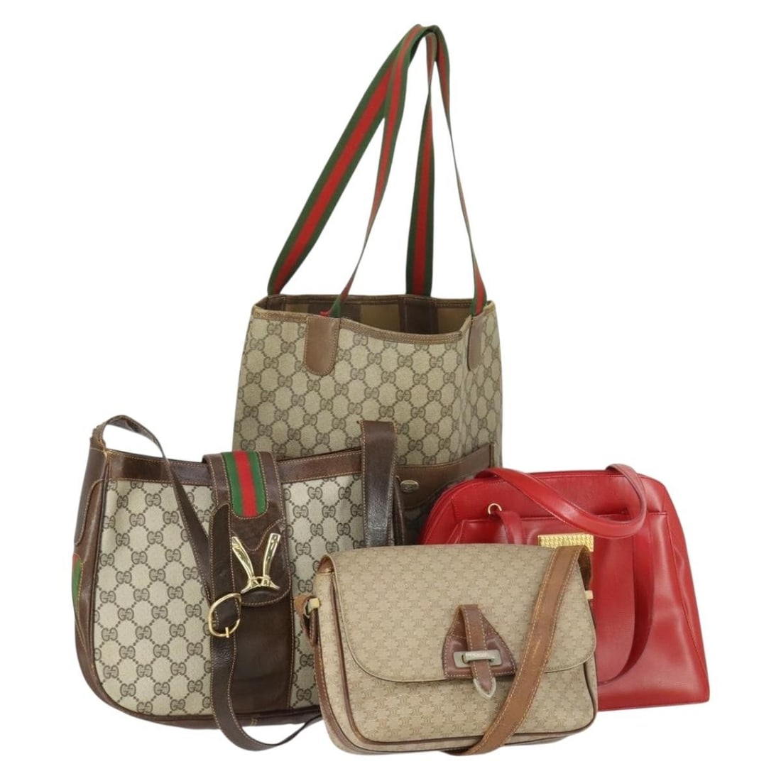 Set of 4 Red Leather Shoulder Bags Christian Dior Gucci Celine GG Supreme: Set of 4 Red Leather Shoulder Bags Christian Dior Gucci Celine GG Supreme This set includes four authentic designer shoulder bags featuring Christian Dior, Gucci, and Celine GG Supreme styles. The bag