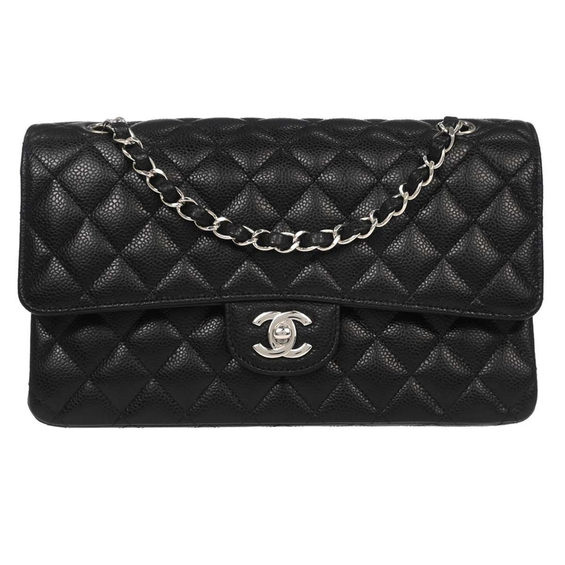 CHANEL Classic Flap Black Calfskin Medium Shoulder Bag: CHANEL Classic Flap Black Calfskin Medium Shoulder Bag This Chanel Classic Double Flap Shoulder Bag features black calfskin leather and a medium-sized silhouette. The bag is designed with a turn lock 