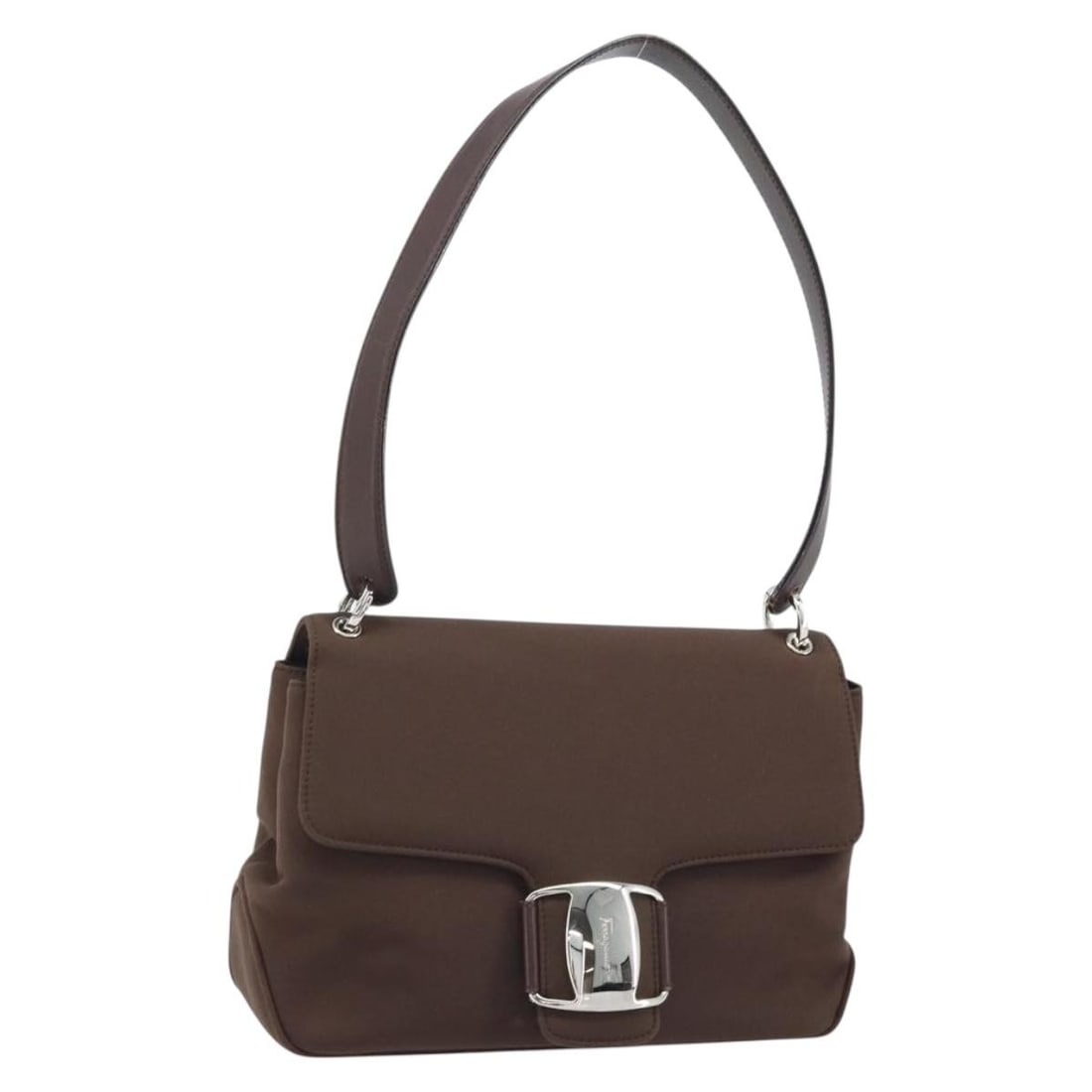 Brown Nylon Vala Shoulder Bag by Salvatore Ferragamo Silver Accents: Brown Nylon Vala Shoulder Bag by Salvatore Ferragamo Silver Accents This Salvatore Ferragamo Vala shoulder bag is crafted from brown nylon with silver-tone accents. Designed for women, it features a s