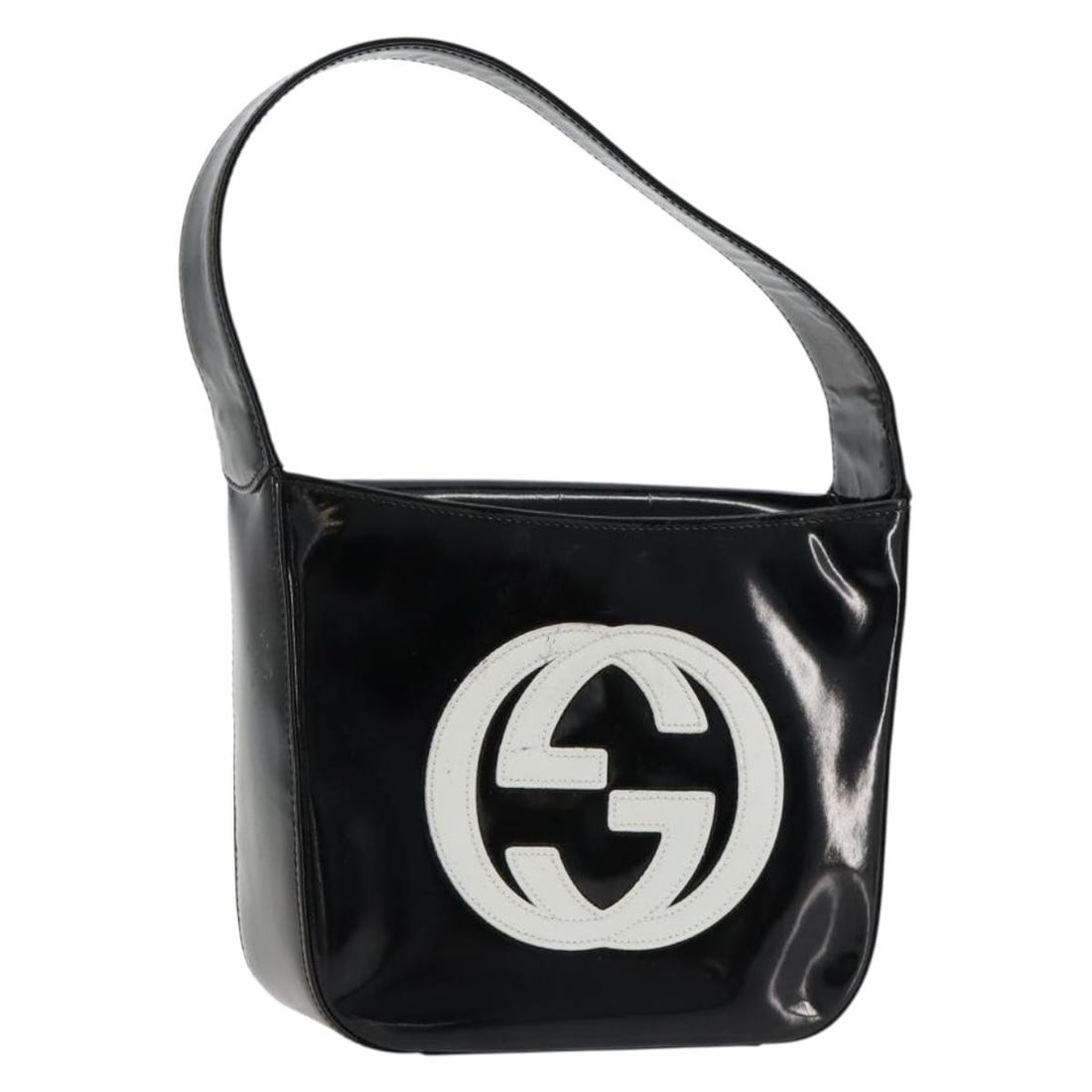 Gucci patent leather black silver handbag: Gucci patent leather black silver handbag This GUCCI handbag is crafted from black patent leather with silver-tone accents, offering a compact and stylish accessory for women. Made in Italy, the bag f