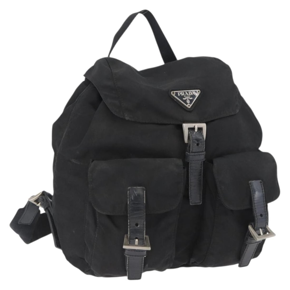 Prada nylon black silver women backpack Italy: Prada nylon black silver women backpack Italy This PRADA backpack features a black and silver nylon exterior and is designed for women. Made in Italy, it offers a compact and practical size, making it