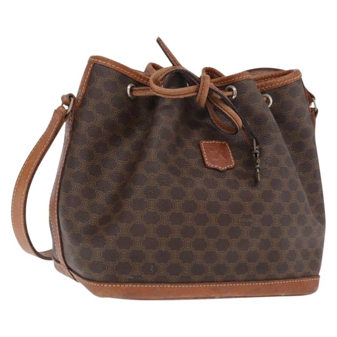 Celine Macadam Canvas Brown Gold Shoulder Bag Italy: Celine Macadam Canvas Brown Gold Shoulder Bag Italy This CELINE shoulder bag features the signature Macadam canvas and PVC leather in a brown and gold color scheme. Designed for women, it offers a str