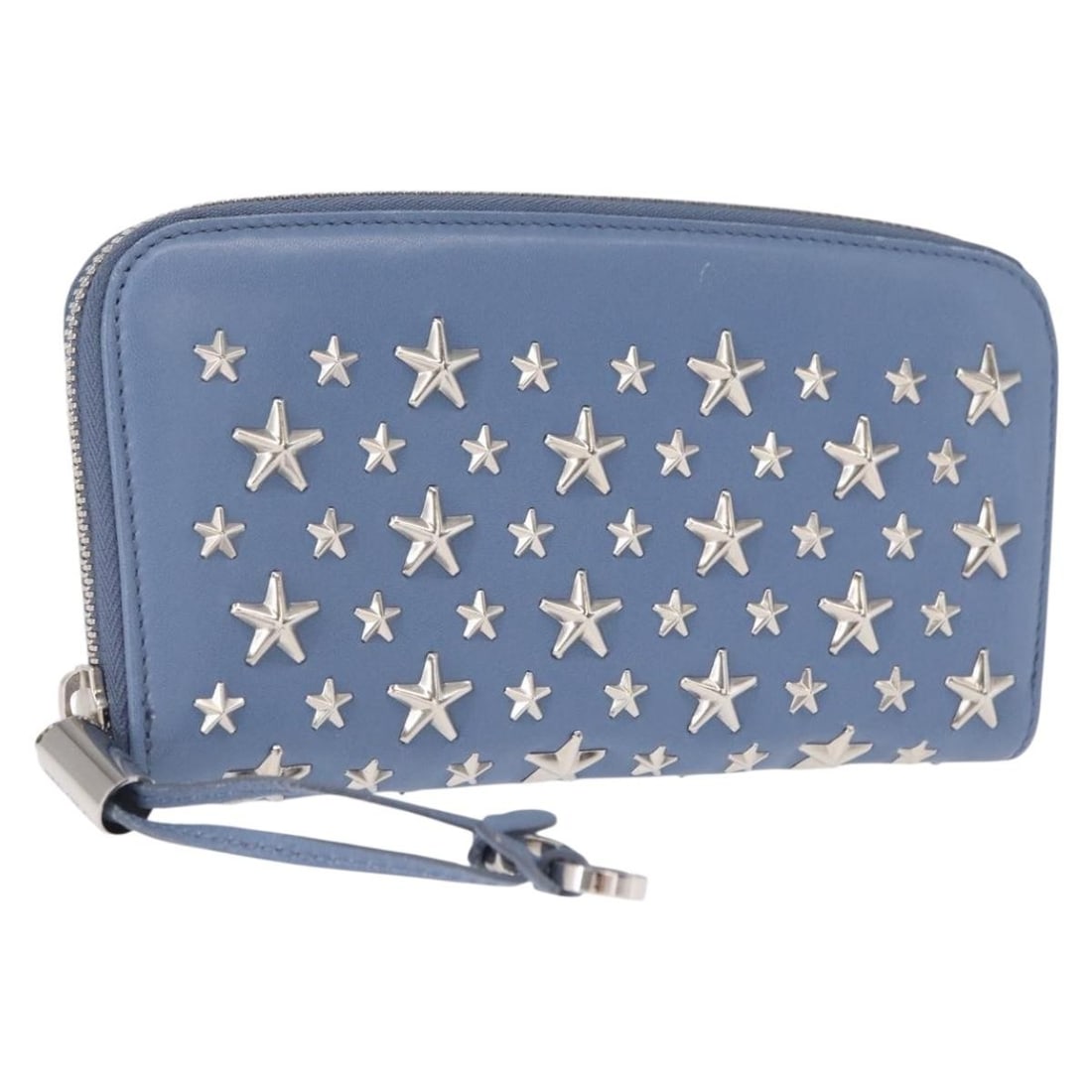 Blue Leather Long Wallet with Silver Studs by Jimmy Choo: Blue Leather Long Wallet with Silver Studs by Jimmy Choo This Jimmy Choo long wallet features a stylish blue leather exterior accented with silver-tone studs. The wallet is crafted in Italy and offers