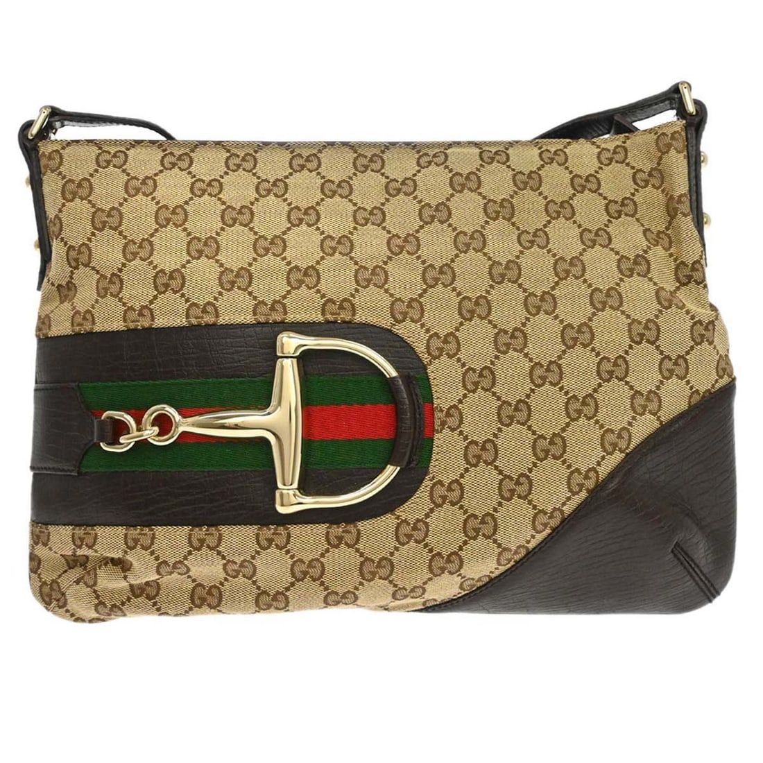 Gucci Sherry Horsebit Brown GG Canvas Shoulder Bag: Gucci Sherry Horsebit Brown GG Canvas Shoulder Bag This Gucci shoulder bag features the iconic GG canvas in brown with leather accents and the signature Sherry horsebit detail. Designed for casual use