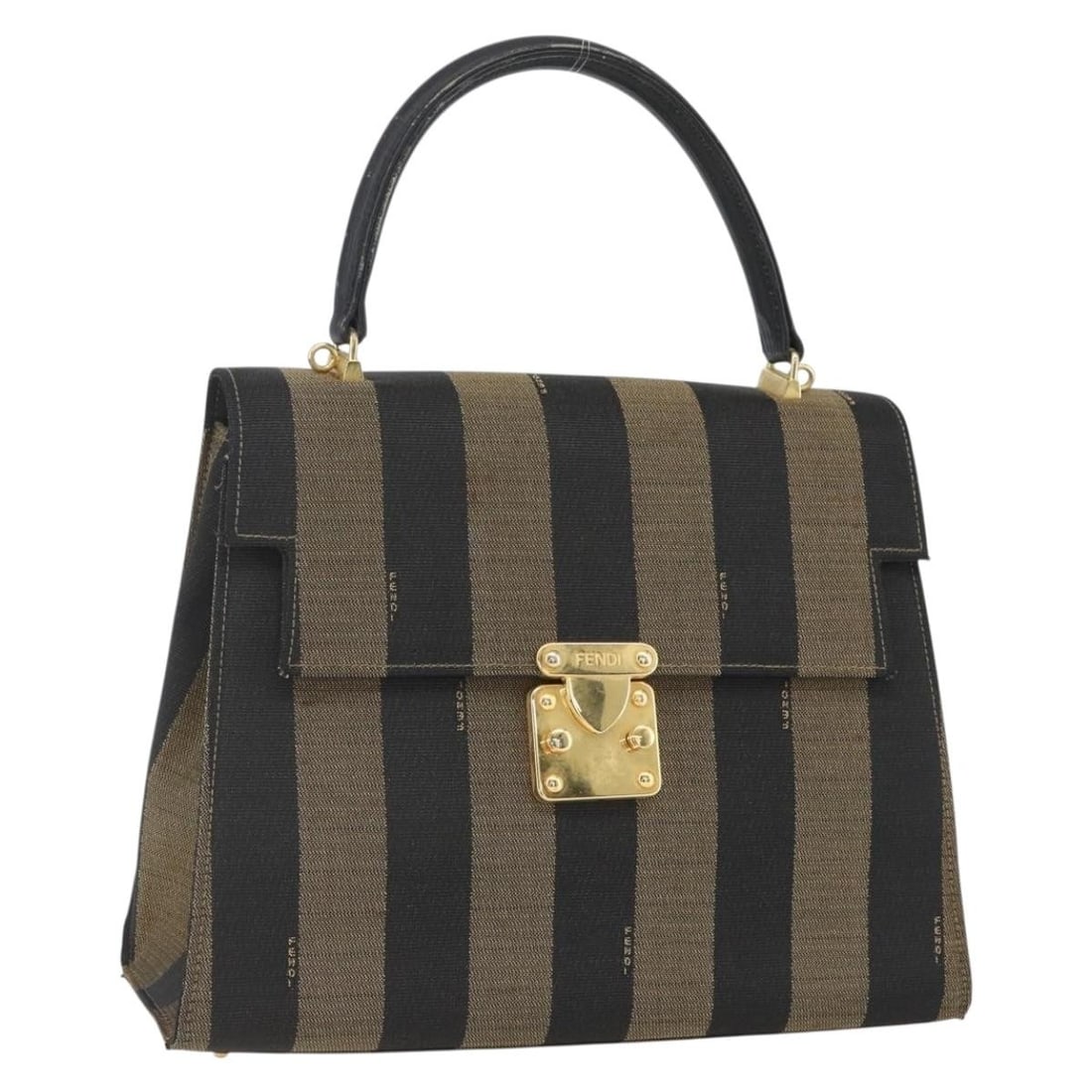 Fendi Pequin Canvas Black Brown Gold Italian Handbag: Fendi Pequin Canvas Black Brown Gold Italian Handbag This FENDI handbag features the brand's signature Pequin canvas in black, brown, and gold tones. Crafted in Italy, it offers a structured silhouett