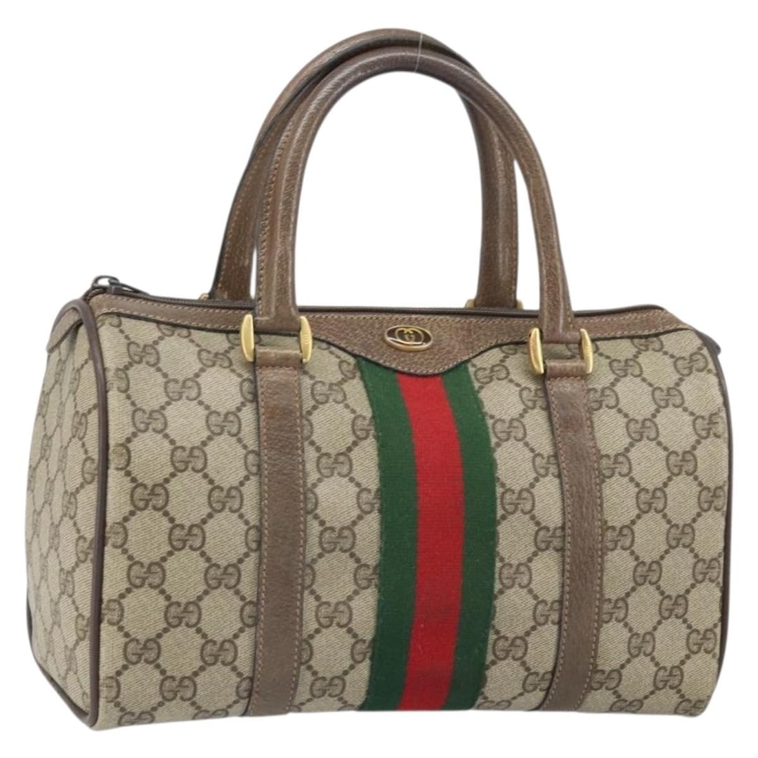 Gucci GG Supreme Canvas and PVC Leather Handbag Beige Gold 39 02 006: Gucci GG Supreme Canvas and PVC Leather Handbag Beige Gold 39 02 006 This Gucci GG Supreme Web Sherry Line handbag features beige and gold tones crafted from PVC leather and GG canvas. It is a compact