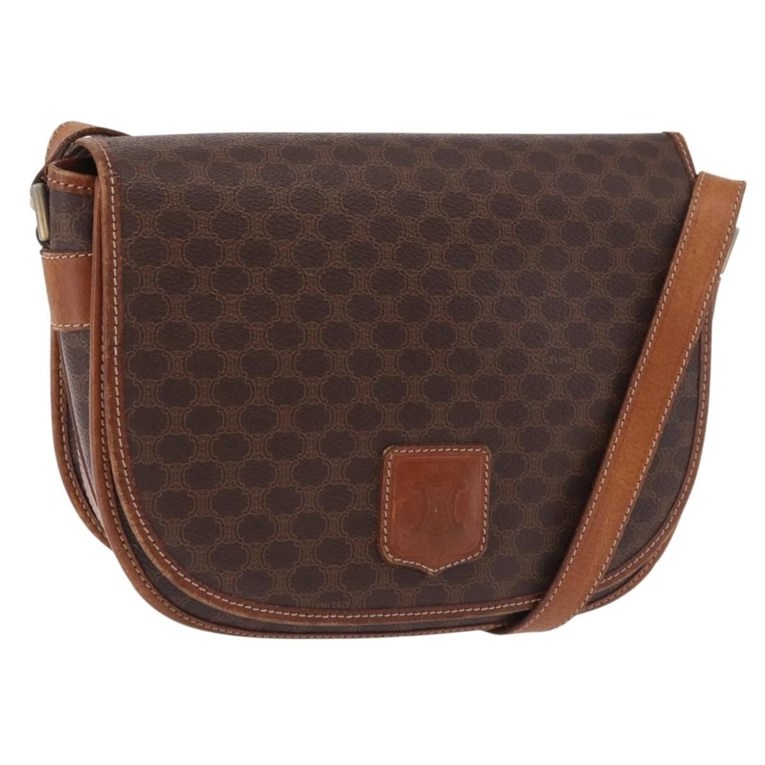 CELINE Macadam Brown Gold PVC Leather Shoulder Bag Italy: CELINE Macadam Brown Gold PVC Leather Shoulder Bag Italy This CELINE shoulder bag features the iconic Macadam canvas with PVC leather accents in a brown and gold color scheme. Designed for women, the 