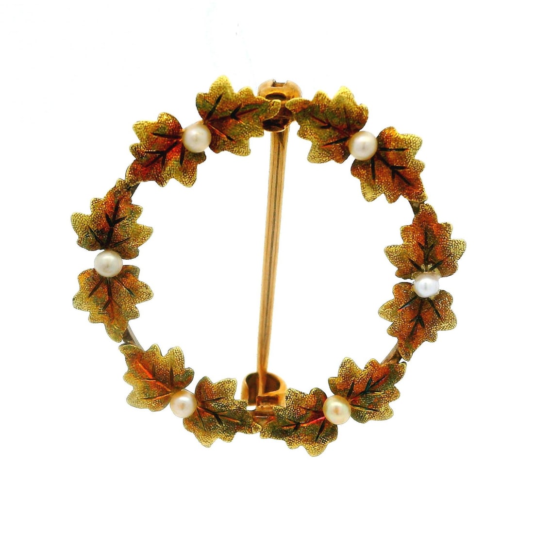 Antique 14k Yellow Gold Hand Engraved Seed Pearl Holly Wreath Brooch: Antique 14k Yellow Gold Hand Engraved Seed Pearl Holly Wreath Brooch This exquisite antique brooch features a beautifully hand-engraved holly wreath design, crafted from solid 14k yellow gold. Adorned