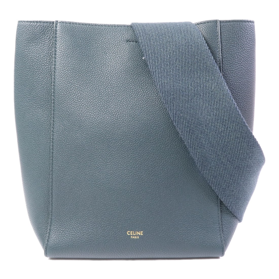 Celine Small Sangle Green Calfskin Shoulder Bag with Gold Hardware: Celine Small Sangle Green Calfskin Shoulder Bag with Gold Hardware This CELINE Small Sangle Bucket Shoulder Bag features a green calfskin exterior and a sleek, structured silhouette. Designed for wome