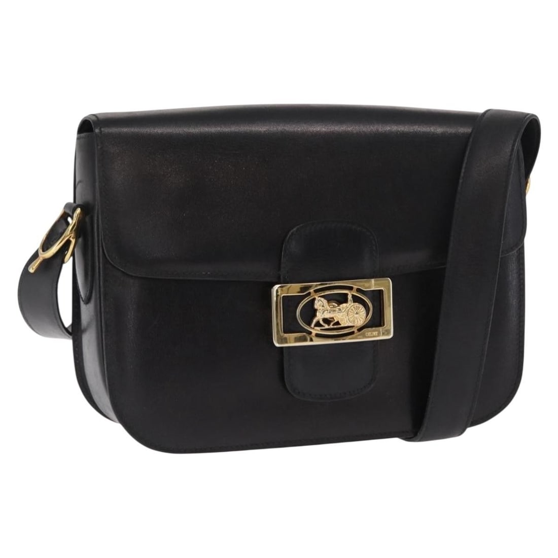 Celine Black Leather Shoulder Bag Gold Accents Made in Italy: Celine Black Leather Shoulder Bag Gold Accents Made in Italy This CELINE shoulder bag features black leather with gold-tone accents, crafted in Italy. The bag shows signs of heavy use, including surfa