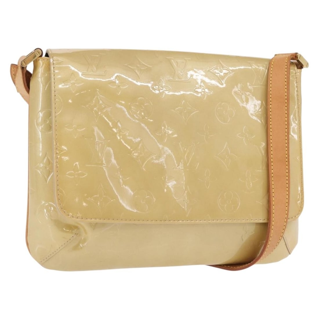 Louis Vuitton Monogram Vernis Patent Leather Thompson Street Bag 26cm: Louis Vuitton Monogram Vernis Patent Leather Thompson Street Bag 26cm This Louis Vuitton Thompson Street handbag features beige patent leather crafted for women. It has a compact design with dimension