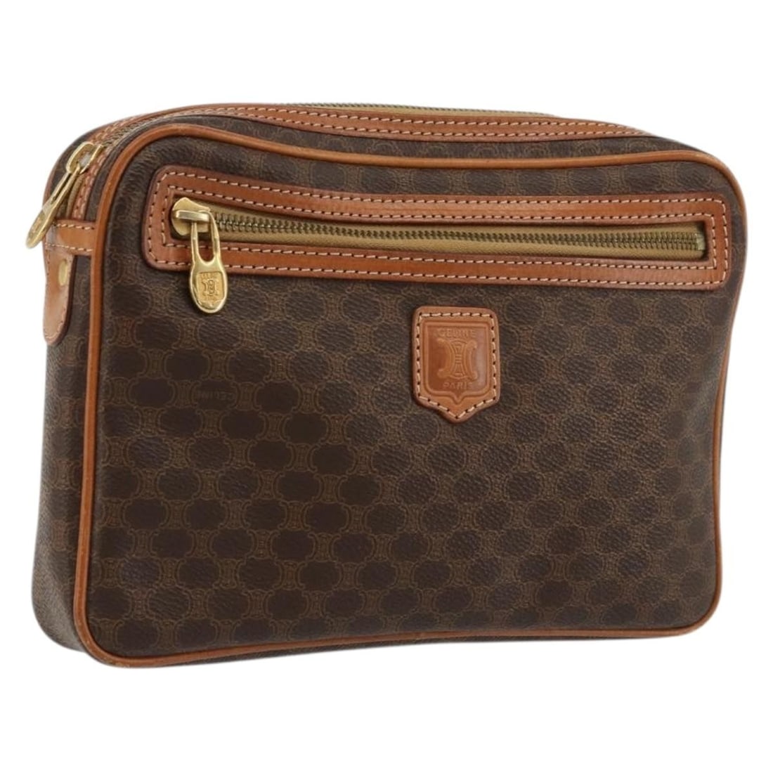 CELINE Macadam Canvas Brown Gold Clutch Bag Italy: CELINE Macadam Canvas Brown Gold Clutch Bag Italy This CELINE clutch bag features the iconic Macadam canvas design, crafted from durable PVC leather in a stylish brown and gold color combination. Made