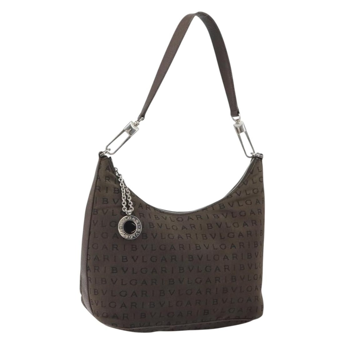 Brown Canvas BVLGARI Shoulder Bag with Silver Accents: Brown Canvas BVLGARI Shoulder Bag with Silver Accents This BVLGARI shoulder bag features a brown and silver canvas exterior and is crafted in Italy. It has a main compartment accessed via the top and 