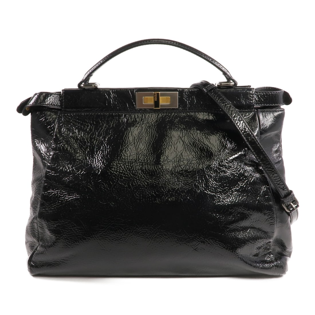 Black Fendi Peekaboo Patent Leather Satchel Shoulder Bag 2way 2372-8BN210-BYY-099: Black Fendi Peekaboo Patent Leather Satchel Shoulder Bag 2way 2372-8BN210-BYY-099 This FENDI Peekaboo satchel bag features a versatile 2-way design, crafted from black patent leather. Made in Italy, i