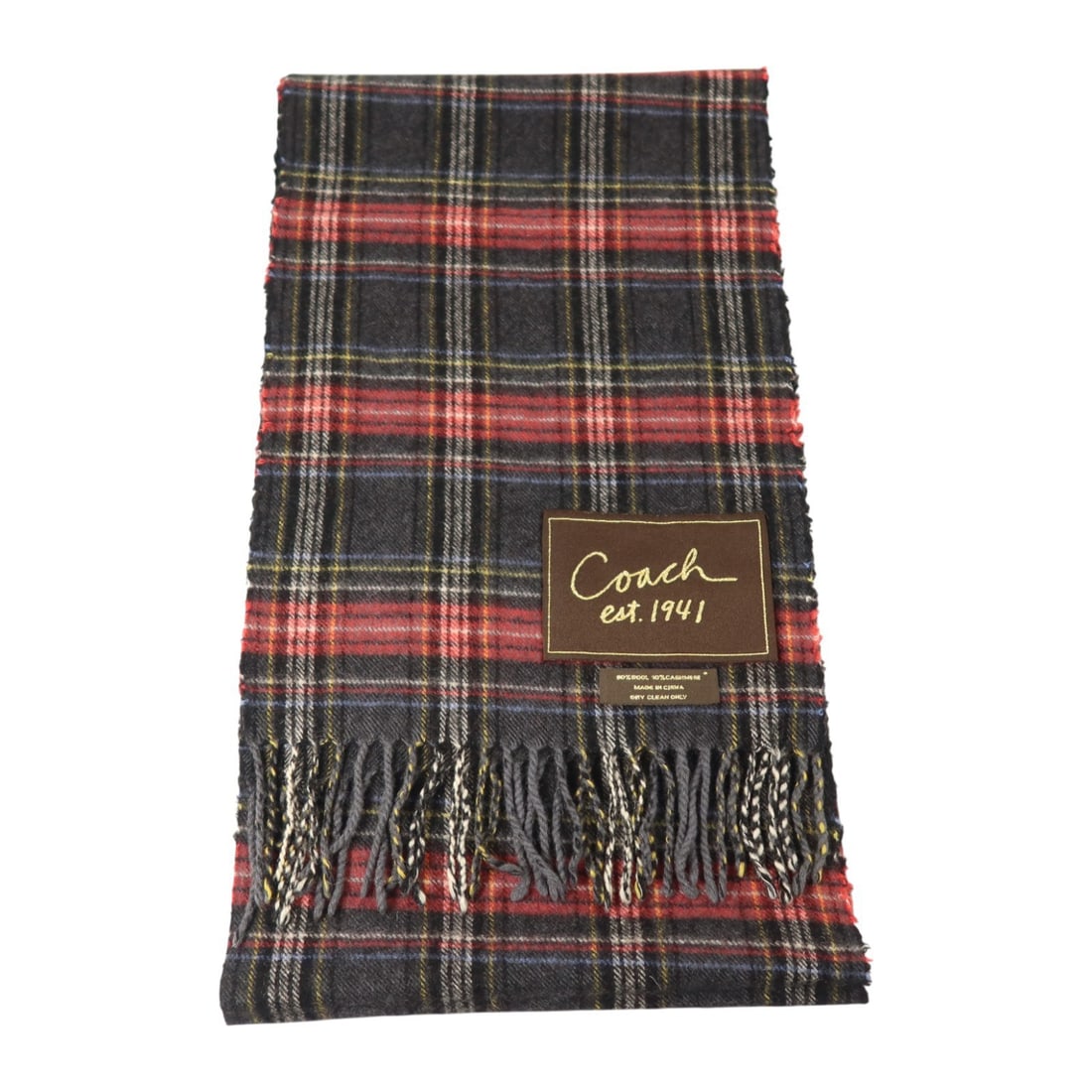 COACH Wool Cashmere Scarf Black Red Yellow Blue 25.5x170 (1 of 7)