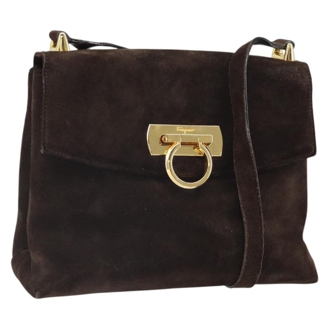 Brown Suede Gancini Shoulder Bag by Salvatore Ferragamo Gold Accents: Brown Suede Gancini Shoulder Bag by Salvatore Ferragamo Gold Accents This Salvatore Ferragamo Gancini shoulder bag features a brown suede exterior with gold-tone accents. Designed for women, it offers