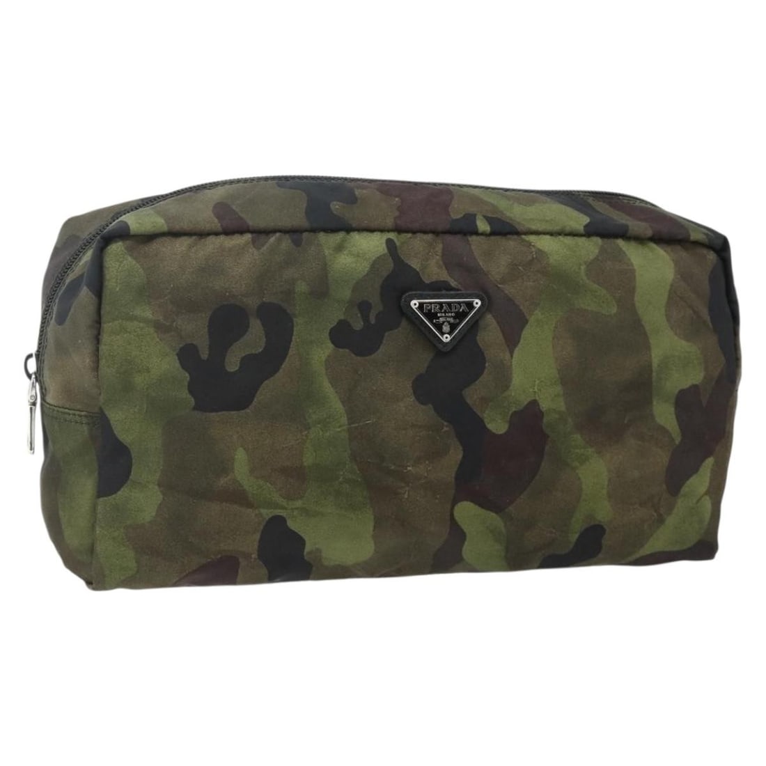 Prada nylon silver khaki women pouch Italy 11.4 x 5.9 x 2.8 inch: Prada nylon silver khaki women pouch Italy 11.4 x 5.9 x 2.8 inch This PRADA pouch is crafted from durable nylon in a stylish silver and khaki color combination. Designed for women, it features a compa