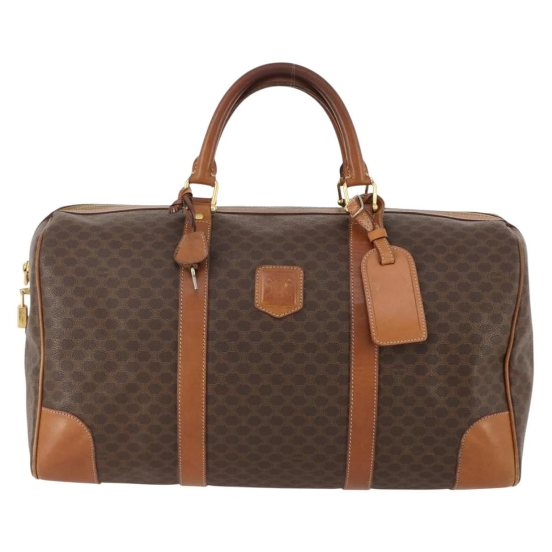 Celine Macadam Boston Canvas Leather Bag: Celine Macadam Boston Canvas Leather Bag This Celine Vintage Macadam Boston bag is crafted from durable canvas with leather accents, featuring a classic brown color. Designed as a unisex accessory, it