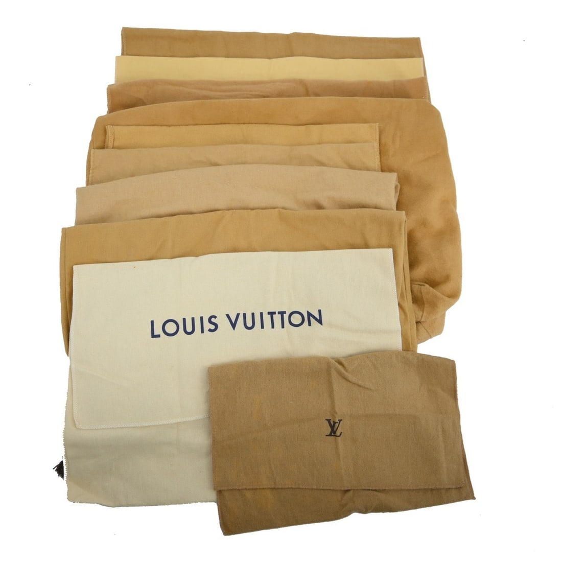 Louis Vuitton Brown Cotton Dust Bags Set of 10: Louis Vuitton Brown Cotton Dust Bags Set of 10 This is a set of 10 Louis Vuitton dust bags crafted from 100% cotton in brown and beige tones. Designed for unisex use, these dust bags are ideal for pro