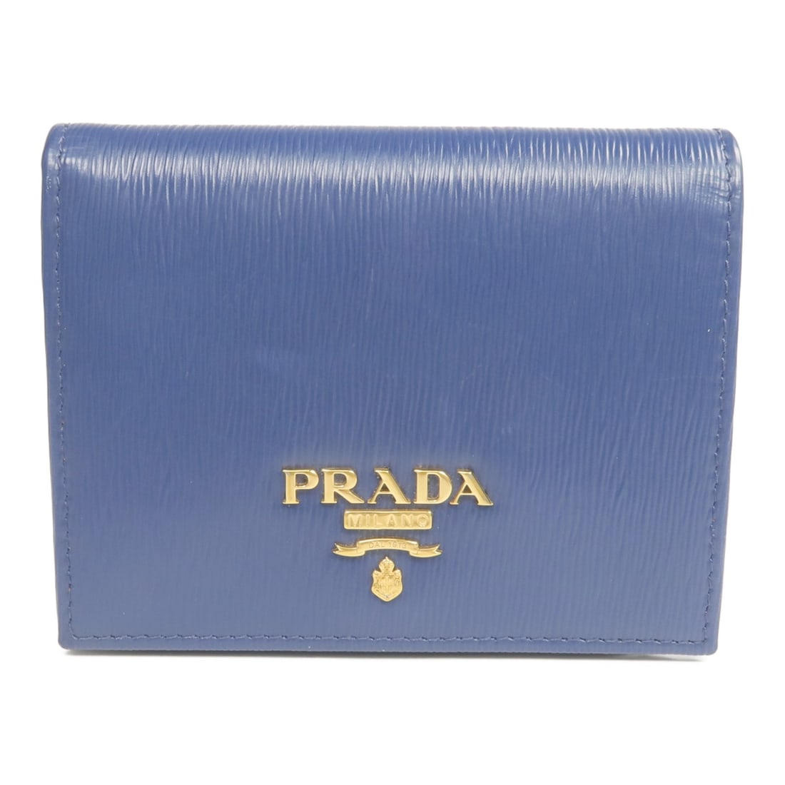 Blue Calfskin Leather Bi-Fold Wallet by Prada with Gold Hardware: Blue Calfskin Leather Bi-Fold Wallet by Prada with Gold Hardware This Prada bi-fold wallet is crafted from blue calfskin leather and designed for women. The wallet features a regular size and showcase