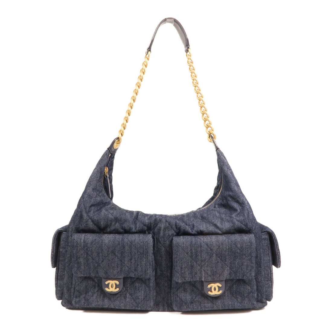 CHANEL Denim Blue Hobo Shoulder Bag CC GHW AS5296: CHANEL Denim Blue Hobo Shoulder Bag CC GHW AS5296 This CHANEL CC hobo chain shoulder bag features a blue denim exterior and gold-tone hardware. Designed in a spacious hobo silhouette, it offers both s