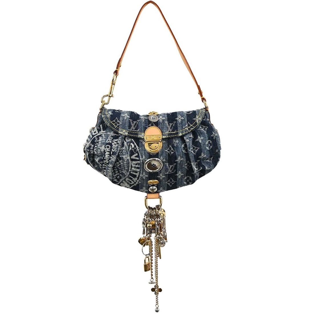 Louis Vuitton Mini Pleaty Raye Blue Monogram Denim Top Handle Bag: Louis Vuitton Mini Pleaty Raye Blue Monogram Denim Top Handle Bag This Louis Vuitton Mini Pleaty Raye handbag features a distinctive blue monogram denim exterior with quilted accents and a beige top h