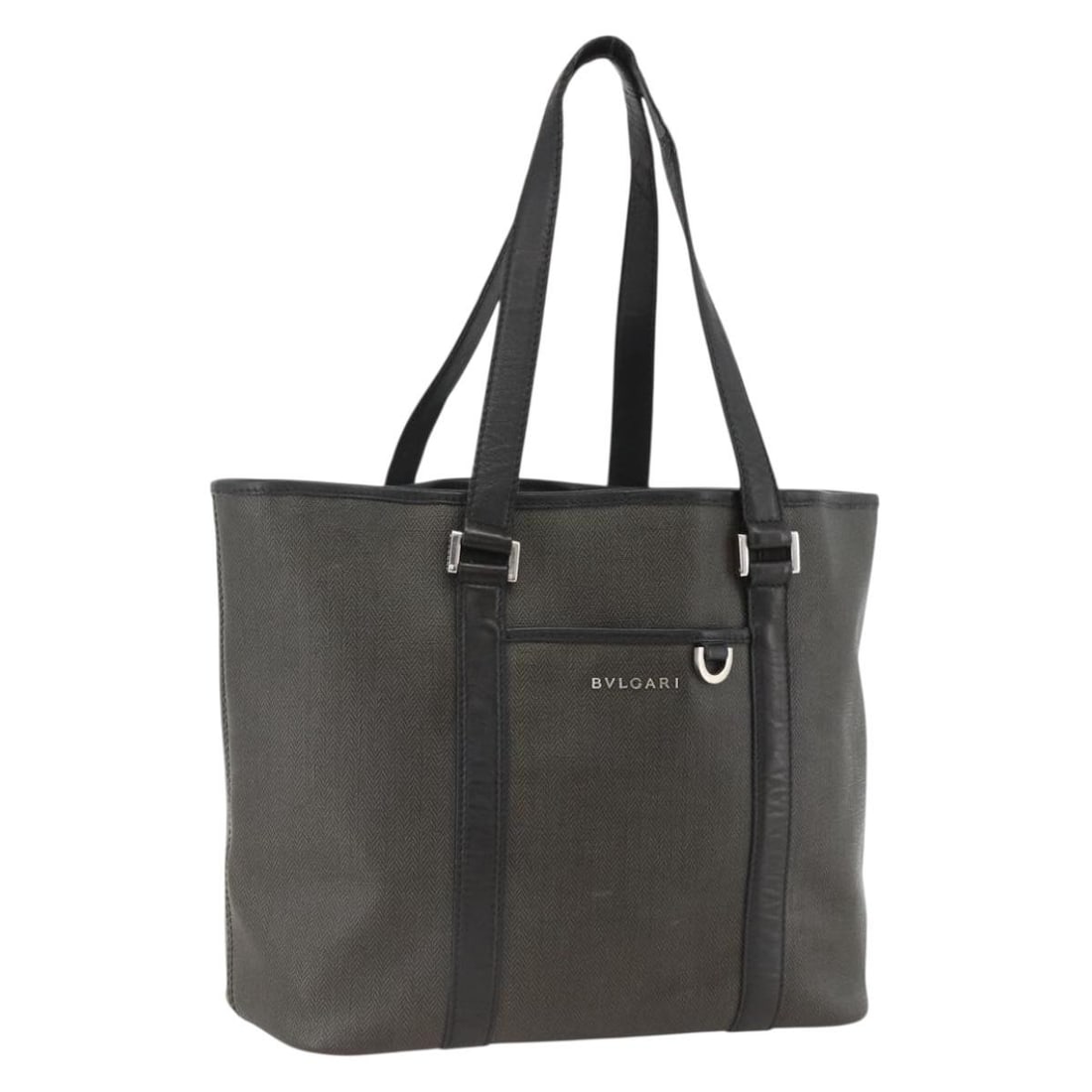 BVLGARI Black Silver PVC Leather Tote Bag Italy: BVLGARI Black Silver PVC Leather Tote Bag Italy This BVLGARI tote bag is crafted from black and silver PVC leather and features a spacious design suitable for everyday use. The bag measures approximat