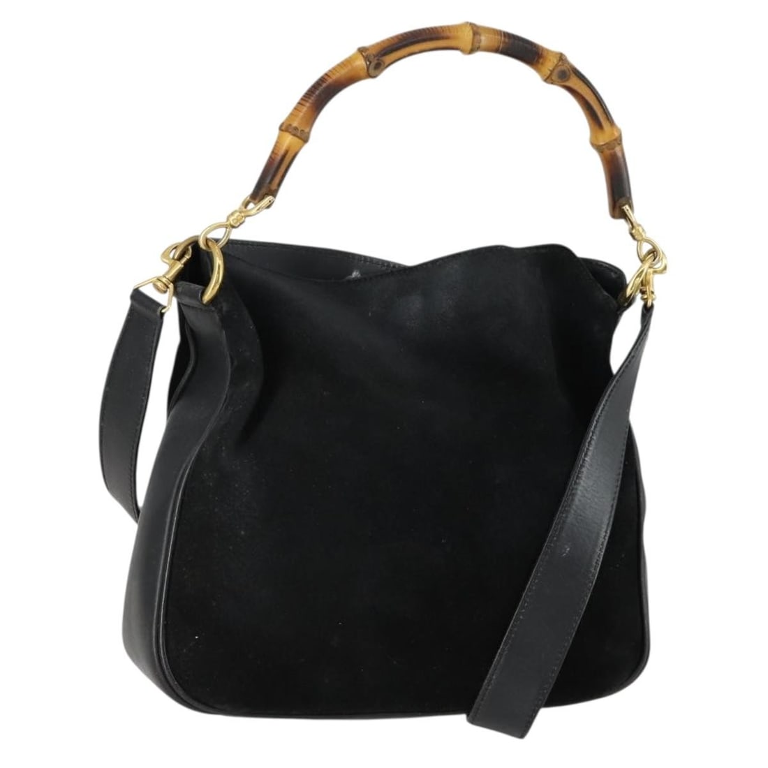 Gucci Black Suede Bamboo 2way Handbag with Gold Accents and Shoulder Strap 0013754: Gucci Black Suede Bamboo 2way Handbag with Gold Accents and Shoulder Strap 0013754 This GUCCI Bamboo handbag is crafted from black suede leather and features a 2-way design for versatile carrying opti