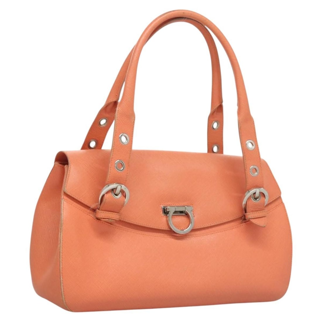 Ferragamo Gancini orange leather women handbag Italy: Ferragamo Gancini orange leather women handbag Italy This Salvatore Ferragamo Gancini handbag features orange leather with silver-tone accents. Designed for women, it offers a structured silhouette wi