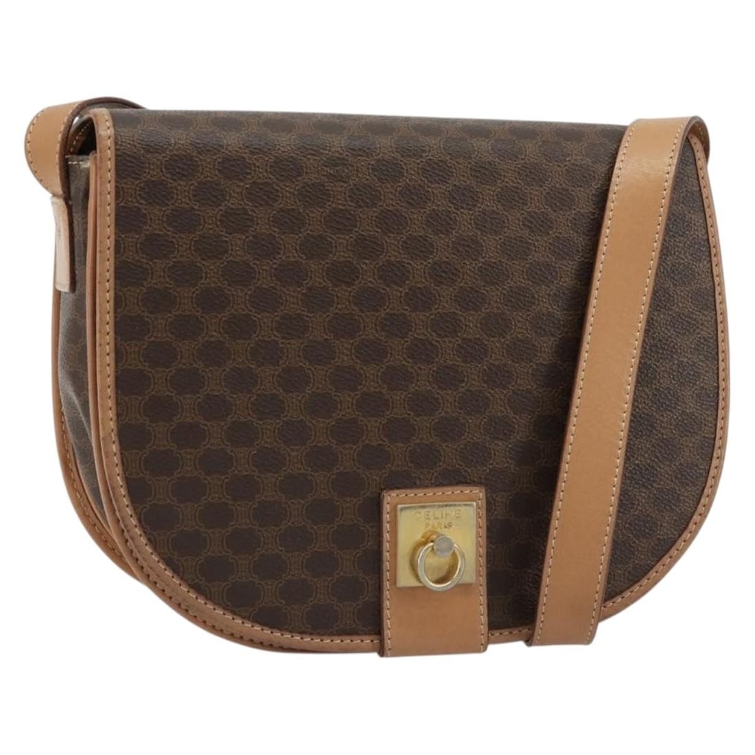 Celine Macadam Brown Canvas Shoulder Bag: Celine Macadam Brown Canvas Shoulder Bag This Celine Macadam Shoulder Bag features a classic brown canvas design with leather accents. The bag shows visible wear, including some out-of-shape areas, ru