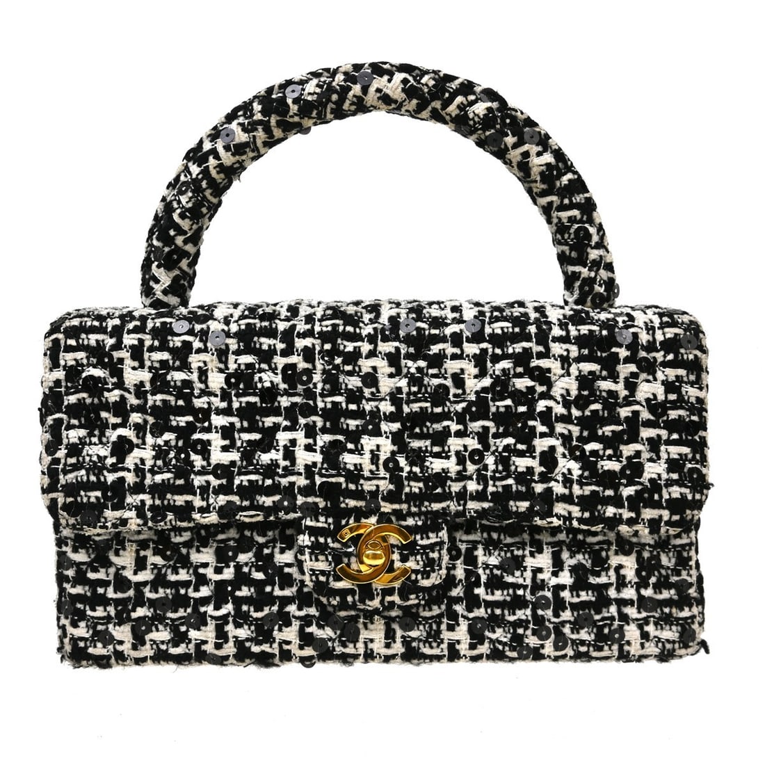 CHANEL Matelasse Tweed Sequins Top Handle Bag: CHANEL Matelasse Tweed Sequins Top Handle Bag This Chanel handbag features a black and white tweed exterior adorned with sequins and a signature quilted finish. Designed with a top handle and a turn l