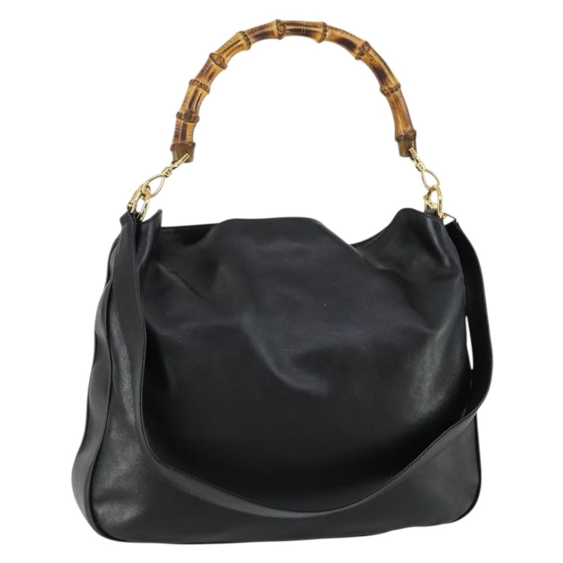 Gucci Black Leather Bamboo Shoulder Bag with Gold Hardware 2way 001 1577 2615: Gucci Black Leather Bamboo Shoulder Bag with Gold Hardware 2way 001 1577 2615 This is a GUCCI 2-way shoulder bag crafted in black leather and featuring bamboo detailing. The bag can be carried by the 