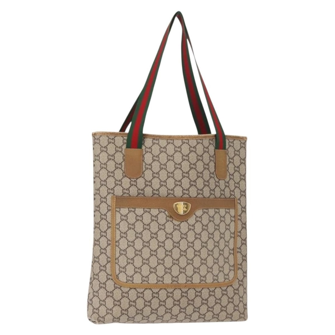 GUCCI GG Plus Supreme Tote Bag Beige Gold PVC Authentic: GUCCI GG Plus Supreme Tote Bag Beige Gold PVC Authentic Discover the elegance of the GUCCI GG Plus Supreme Web Sherry Line Tote Bag, a sophisticated accessory crafted in Italy. This stylish tote, made