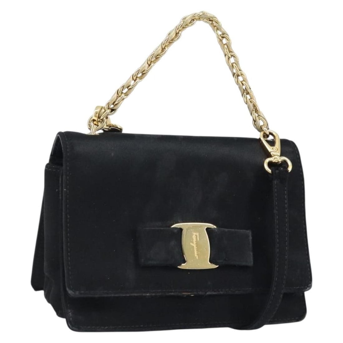 Ferragamo Vala Black Satin Convertible Shoulder Bag Gold Tone Hardware Italy: Ferragamo Vala Black Satin Convertible Shoulder Bag Gold Tone Hardware Italy This Salvatore Ferragamo Vala Ribbon 2-way shoulder bag is crafted from black and gold satin, designed for women. It featur