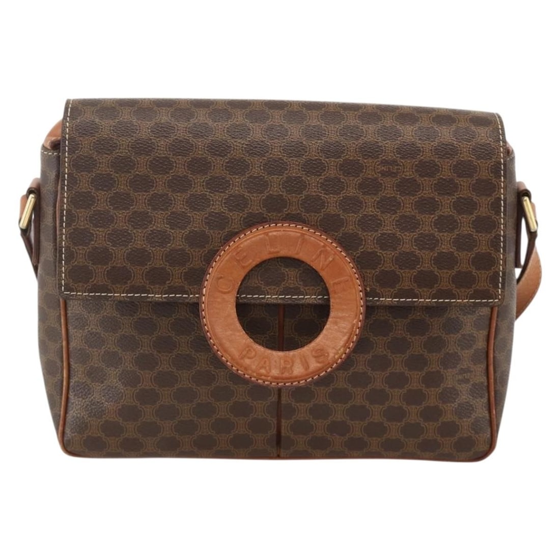 Celine Macadam Circle Logo Brown Canvas and Leather Vintage Shoulder Bag: Celine Macadam Circle Logo Brown Canvas and Leather Vintage Shoulder Bag This Celine vintage Macadam Circle Logo shoulder bag features a classic brown canvas exterior accented with leather trim. Desig